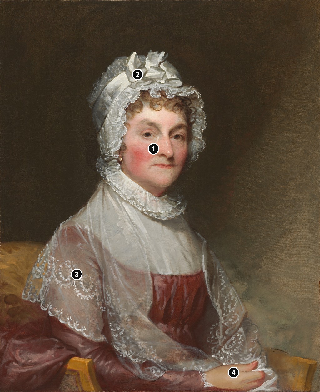 Annotated details from Abigail Adams by Gilbert Stuart